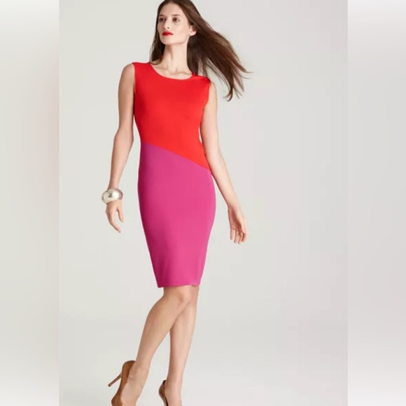 Calvin Klein Sleeveless Colorblock Scuba Knit Sheath Dress Pink Orange Sz 12 - Picture 1 of 10